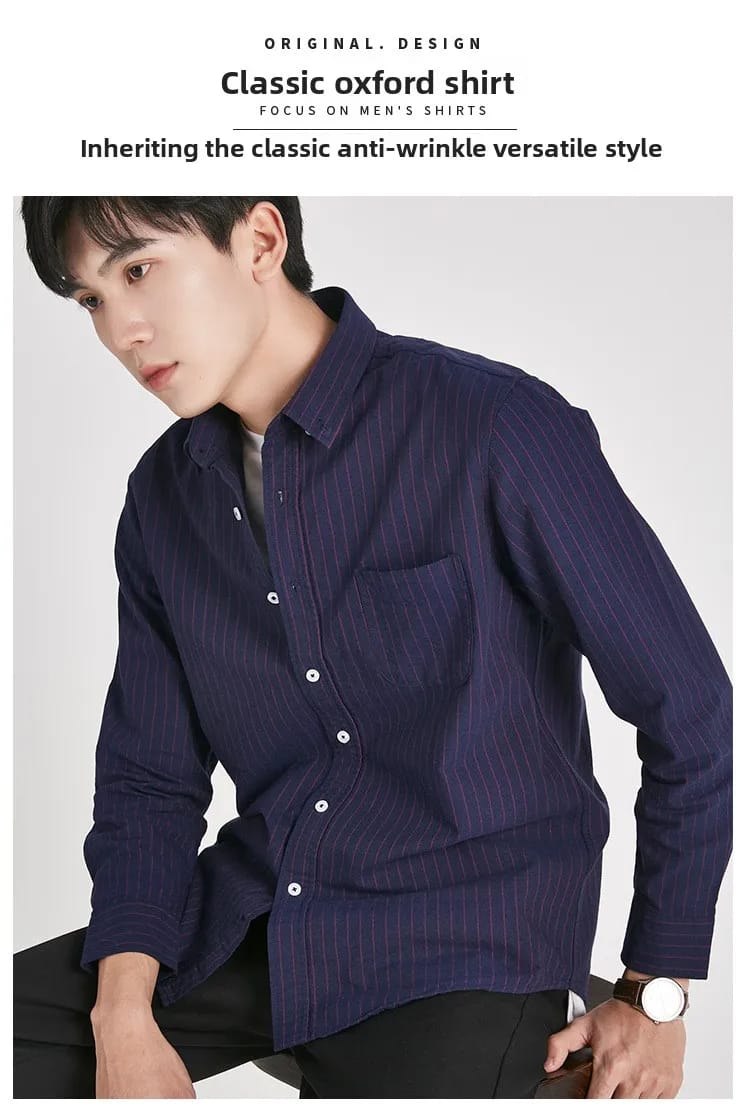Men's Korean Style Oxford Cotton Long Sleeve Shirt - Versatile Striped Pattern, No Ironing Casual Wear for Youth showcase 4
