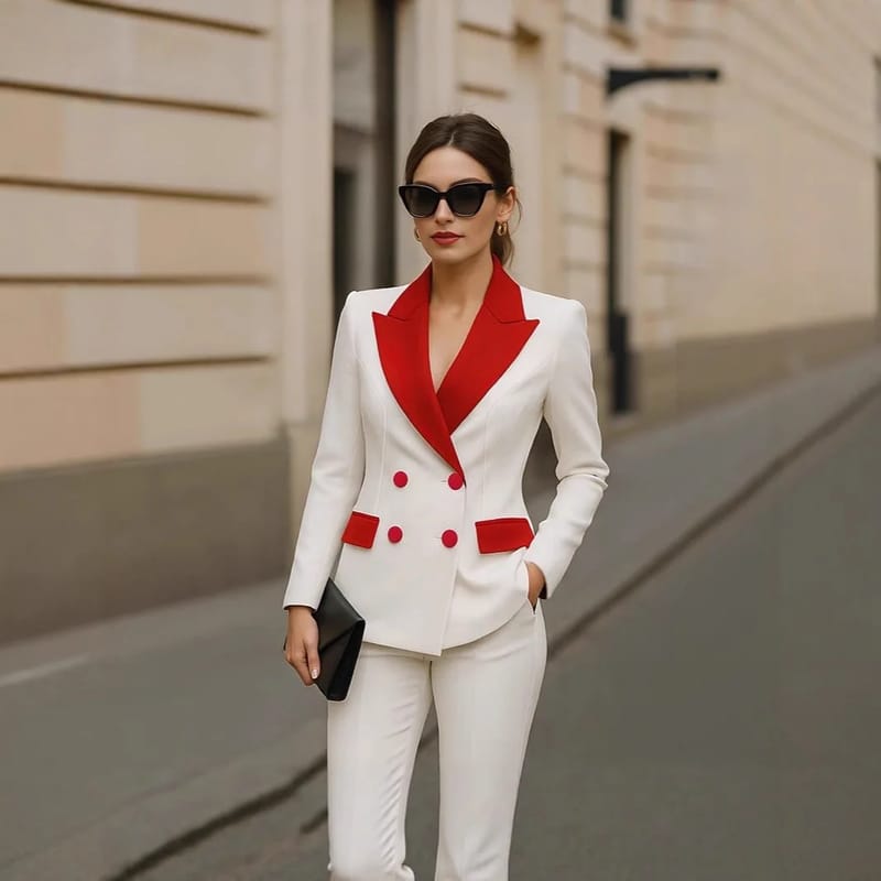 Women's Patchwork Long Sleeve Suit Jacket Set - Autumn/Winter Polyester Blend, Comfortable Casual Commute Style, Double-Breasted, Color Block, Petal Sleeves showcase 5