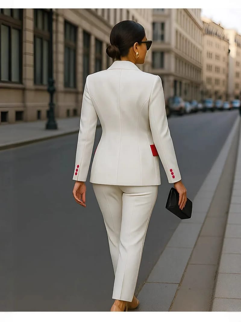 Women's Patchwork Long Sleeve Suit Jacket Set - Autumn/Winter Polyester Blend, Comfortable Casual Commute Style, Double-Breasted, Color Block, Petal Sleeves showcase 3