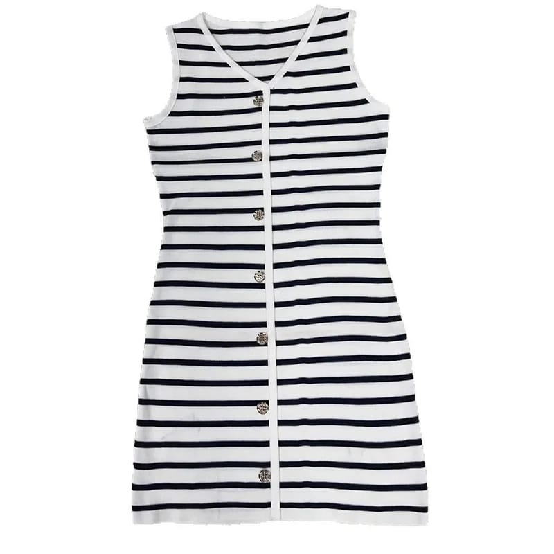 Elegant V-Neck Sleeveless Knitted Mini Dress for Women - Slim Fit Stripe Design, Summer Fashion, Casual Party Wear showcase 5