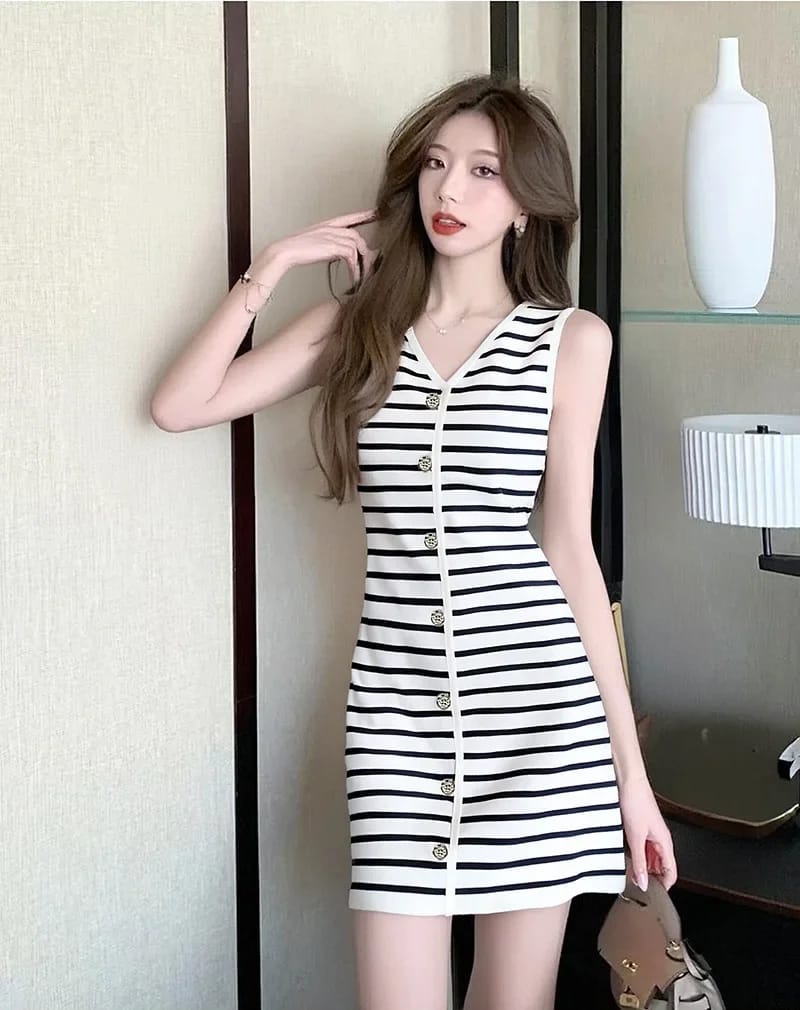 Elegant V-Neck Sleeveless Knitted Mini Dress for Women - Slim Fit Stripe Design, Summer Fashion, Casual Party Wear showcase 2