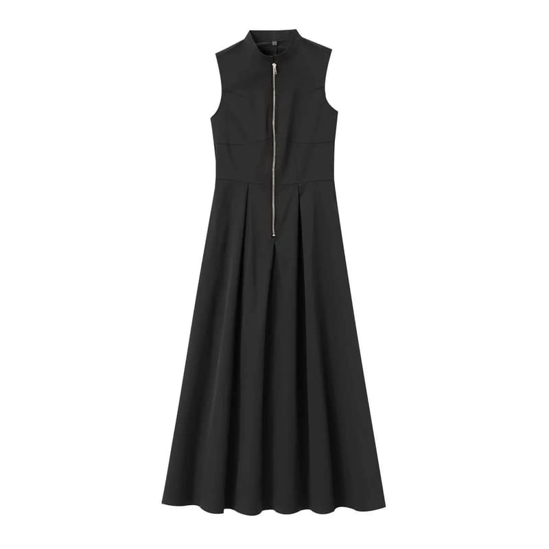 Elegant French Style Sleeveless Midi Dress for Women, Round Neck, Cinched Waist, A-Line Silhouette, Polyester Fabric, Street Trend Design showcase 5