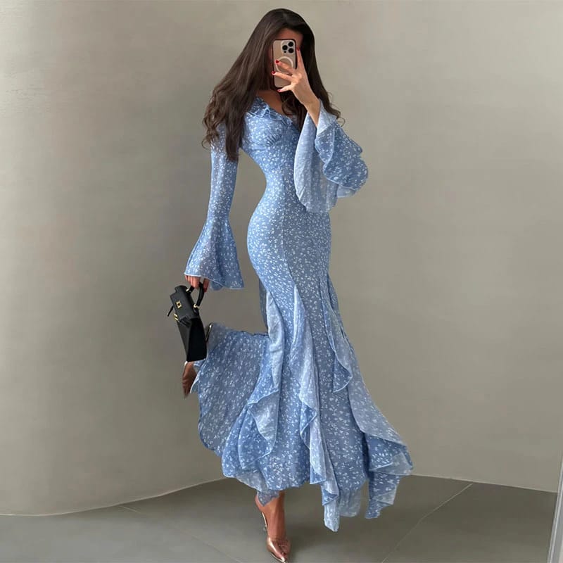Chic Printed V-Neck Ruffle Bell Sleeve Maxi Dress for Women - Elegant Slim Fit Summer Vacation Robe showcase 5