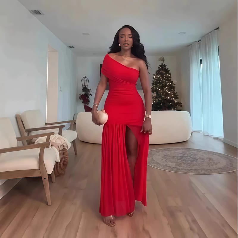 Elegant Women's Maxi Dress: Sexy Off-Shoulder One-Sleeve Mesh Slit Design for Parties, Holidays, and Club Nights showcase 2