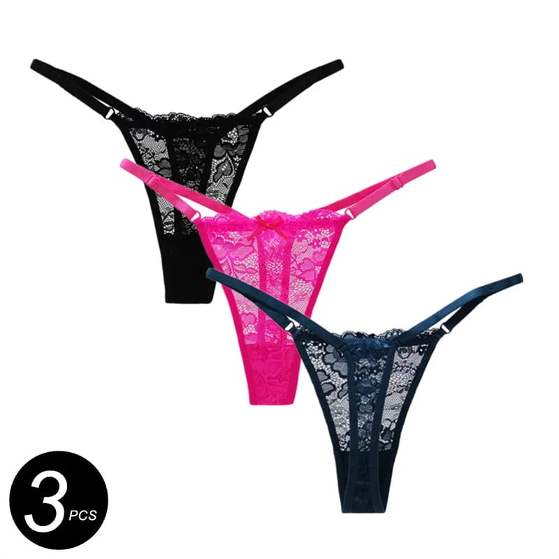 3PCS Women's Sexy Lace Thong Panties - Adjustable Low Waist Transparent T-back Underwear for Ladies showcase 1