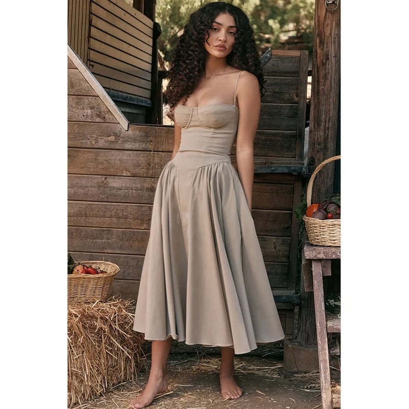 Elegant Summer Women's Sleeveless Backless Pleated Midi Dress - Sexy Solid Sling A-line Party Evening Robe for Ladies showcase 3