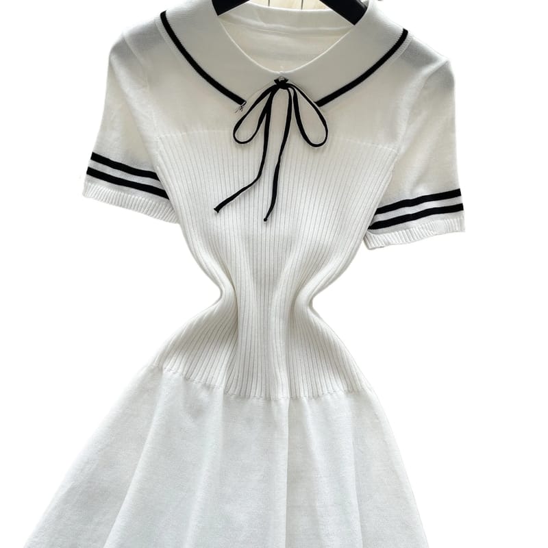 Women's White Short Sleeve Peter Pan Collar Bow Sundress - Striped Hem A-Line Mini Dress, Stretchy Ribbed Knit Casual Party Wear showcase 5