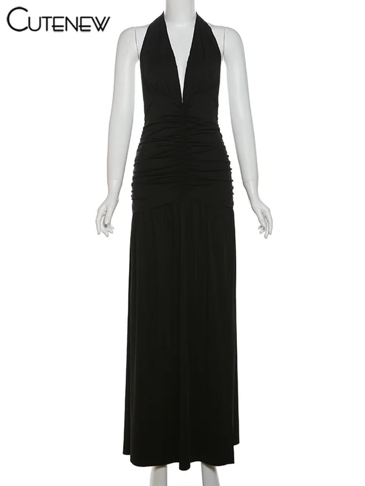 Nibber Elegant Women's Long Dress Solid Color Halter V-Neck Backless Shirring Side Split Vestidos Female High Street New Robe for Parties and Evening Events showcase 2