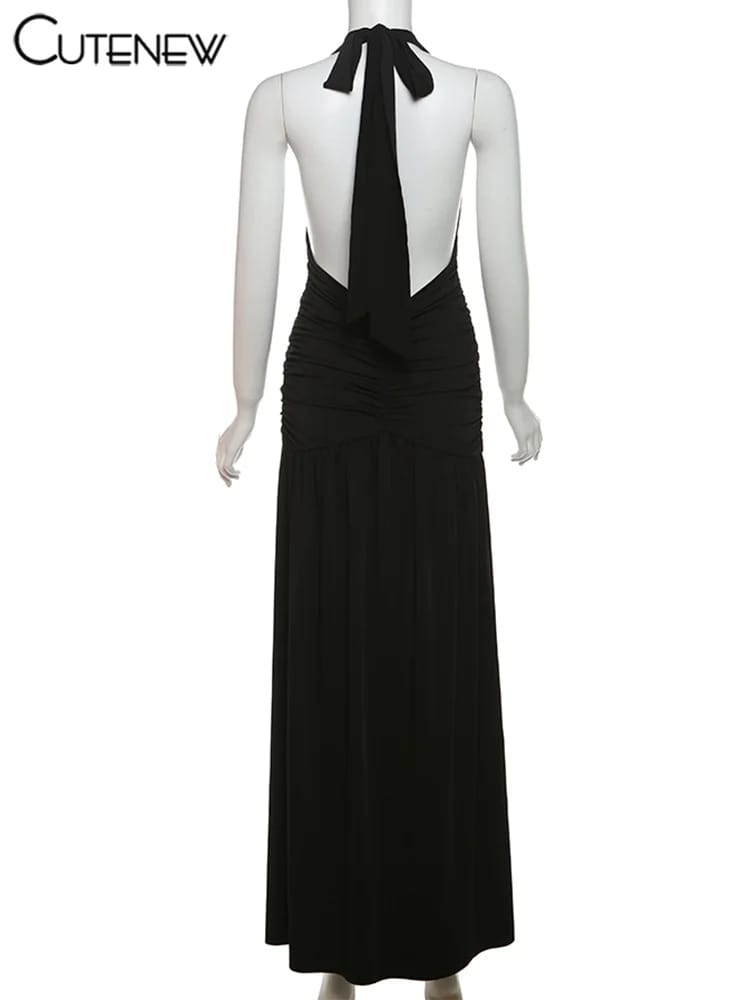 Nibber Elegant Women's Long Dress Solid Color Halter V-Neck Backless Shirring Side Split Vestidos Female High Street New Robe for Parties and Evening Events showcase 4