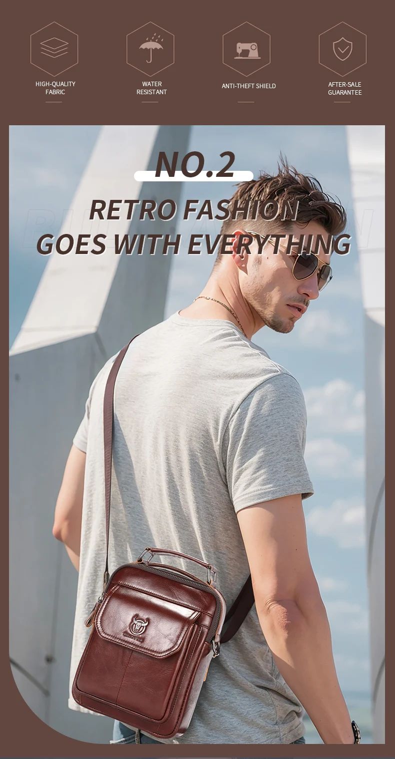 BULLCAPTAIN Men's Genuine Leather Shoulder Bag, Retro Casual Crossbody Messenger Bag, Multifunctional 7.9-inch Tablet Handbag, Durable Cowhide for Daily Use showcase 4
