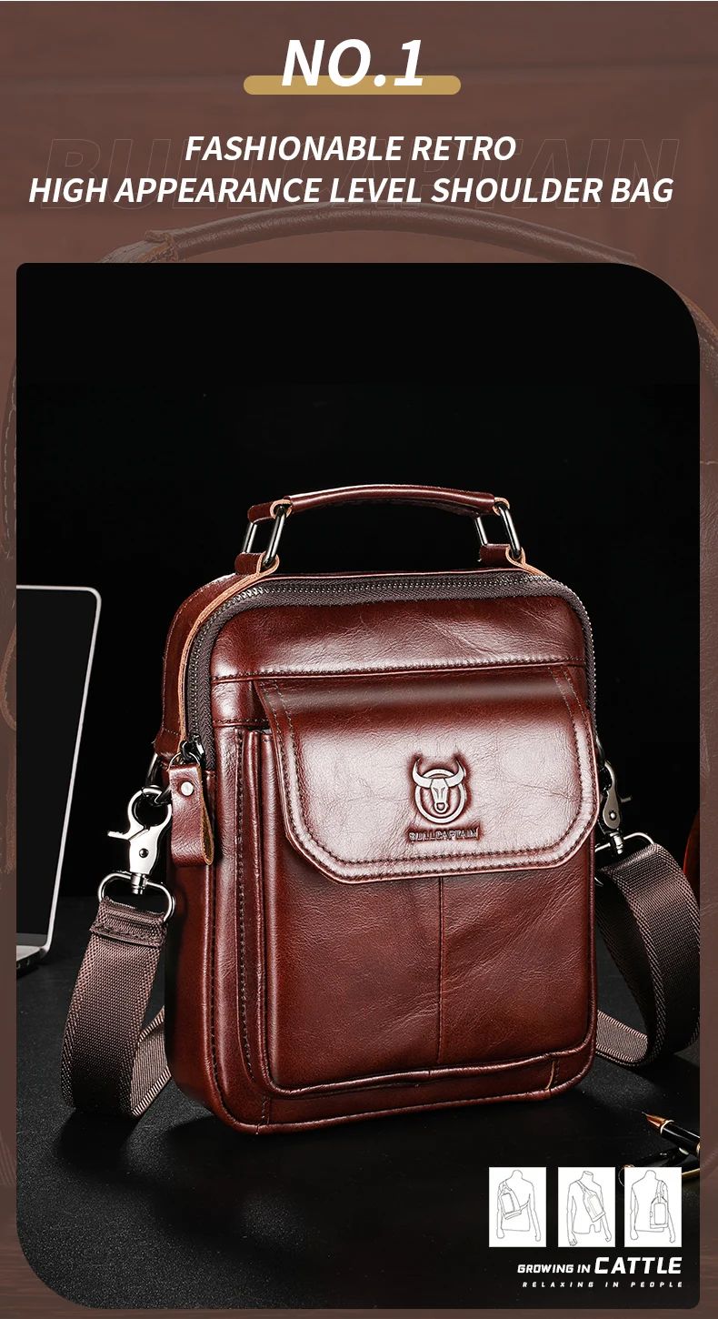 BULLCAPTAIN Men's Genuine Leather Shoulder Bag, Retro Casual Crossbody Messenger Bag, Multifunctional 7.9-inch Tablet Handbag, Durable Cowhide for Daily Use showcase 3
