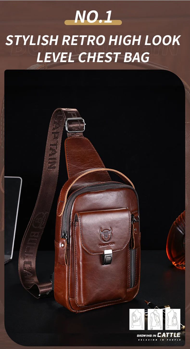 BULLCAPTAIN Men's Genuine Leather Chest Bag - Casual Retro Crossbody Sling Pack for 7.9" Phone, Anti-Theft Design, Ideal for Travel and Daily Use showcase 3