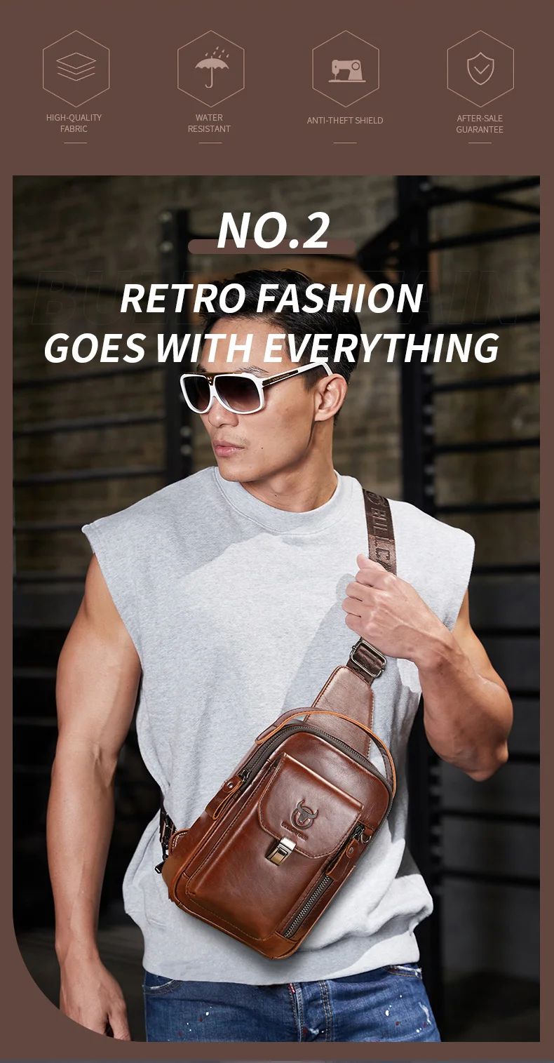 BULLCAPTAIN Men's Genuine Leather Chest Bag - Casual Retro Crossbody Sling Pack for 7.9" Phone, Anti-Theft Design, Ideal for Travel and Daily Use showcase 4
