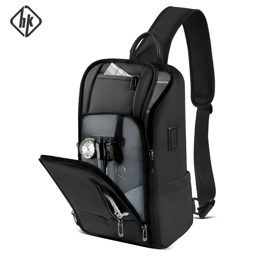 HcanKcan Men's Fashion Crossbody Bag - Waterproof USB Shoulder Sling Chest Pack for Travel & Sport, Fits 9.7" iPad