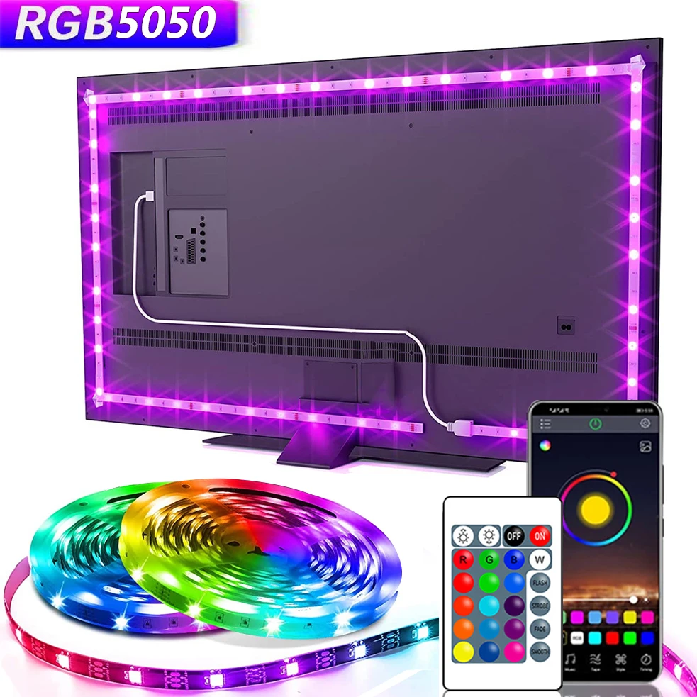 RGB LED Strip Lights for TV Backlight, 5V USB Powered 5050 SMD App Control Flexible Ribbon Tape, 30 LEDs/m for Bedroom, Living Room, Computer Decor thumbnail 1