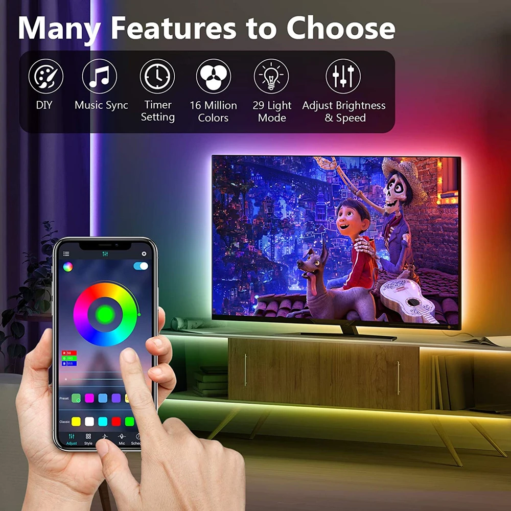 RGB LED Strip Lights for TV Backlight, 5V USB Powered 5050 SMD App Control Flexible Ribbon Tape, 30 LEDs/m for Bedroom, Living Room, Computer Decor thumbnail 3
