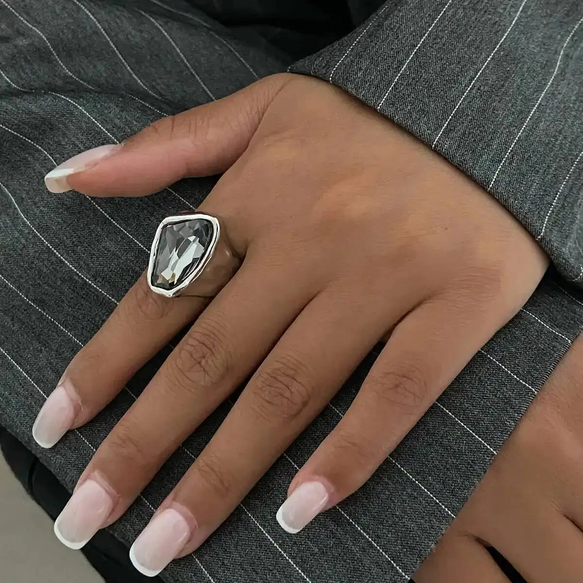 KunJoe Korean Fashion Rhinestone Open Ring for Women - Adjustable Geometric Knuckle Ring, Party Jewelry Gift, Zinc Alloy with Sparkling Rhinestones showcase 4