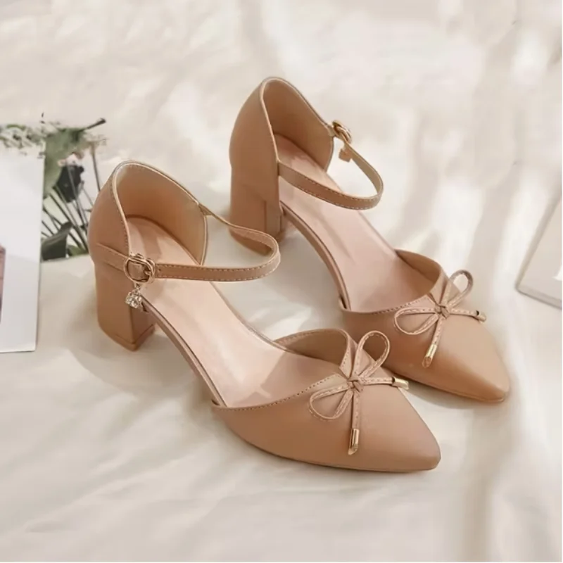 Women's Pointed Toe Chunky Heel Sandals with Bowknot - Elegant Dress Shoes for Office, Party, Wedding, and Casual Wear thumbnail 4