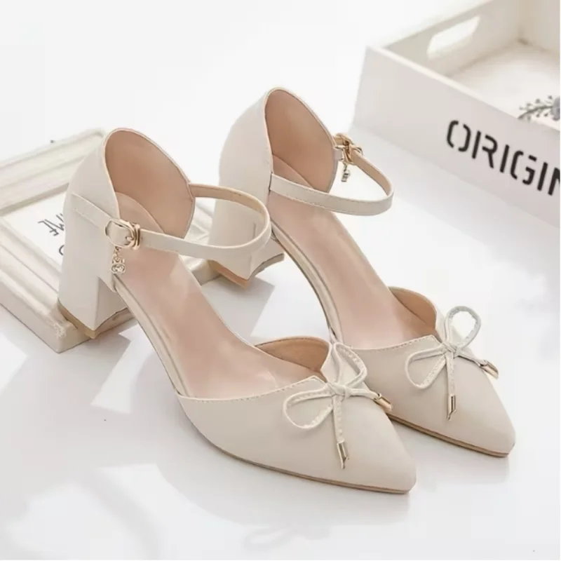 Women's Pointed Toe Chunky Heel Sandals with Bowknot - Elegant Dress Shoes for Office, Party, Wedding, and Casual Wear thumbnail 1
