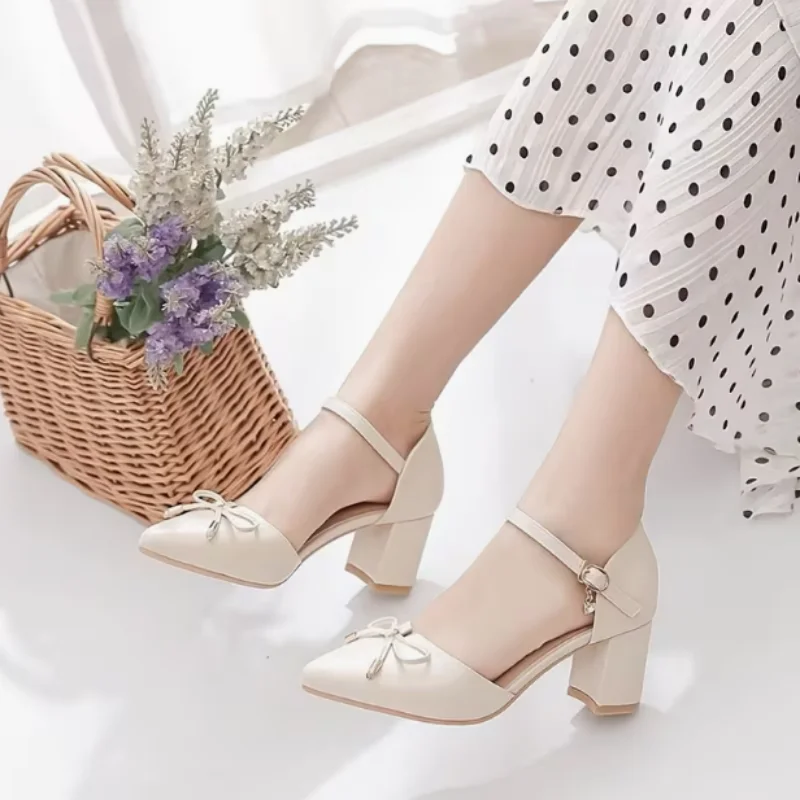 Women's Pointed Toe Chunky Heel Sandals with Bowknot - Elegant Dress Shoes for Office, Party, Wedding, and Casual Wear thumbnail 3