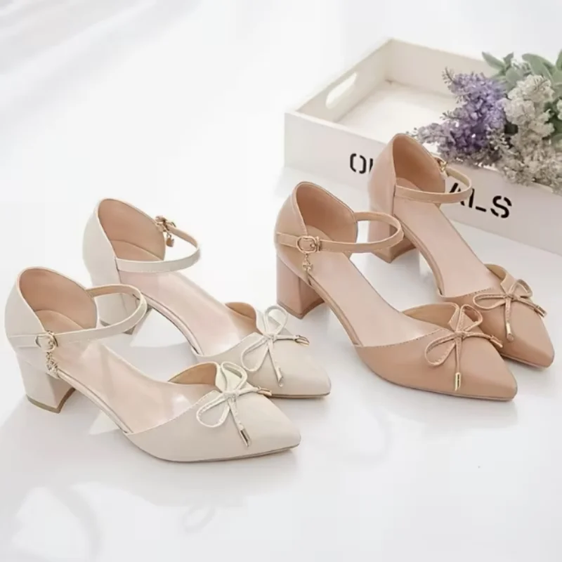Women's Pointed Toe Chunky Heel Sandals with Bowknot - Elegant Dress Shoes for Office, Party, Wedding, and Casual Wear thumbnail 2