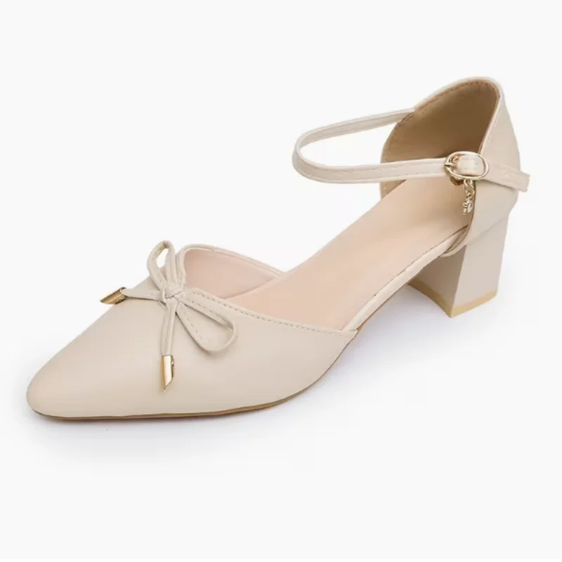 Women's Pointed Toe Chunky Heel Sandals with Bowknot - Elegant Dress Shoes for Office, Party, Wedding, and Casual Wear thumbnail 5
