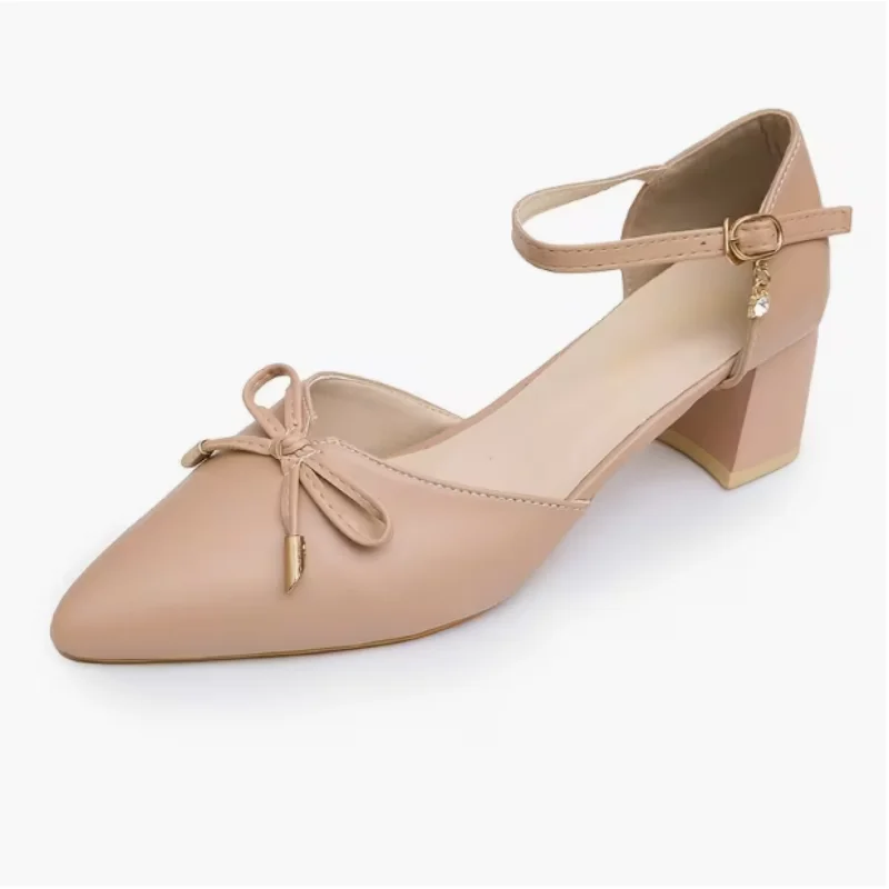 Women's Pointed Toe Chunky Heel Sandals with Bowknot - Elegant Dress Shoes for Office, Party, Wedding, and Casual Wear thumbnail 6