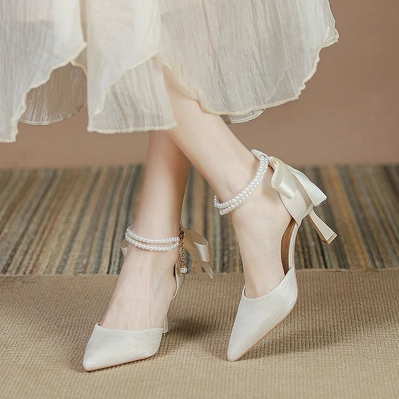 Elegant Pearl Embellished Satin Chunky High Heel Pumps with Adjustable Ankle Strap - Bridal Dress Work Shoes for Women thumbnail 4