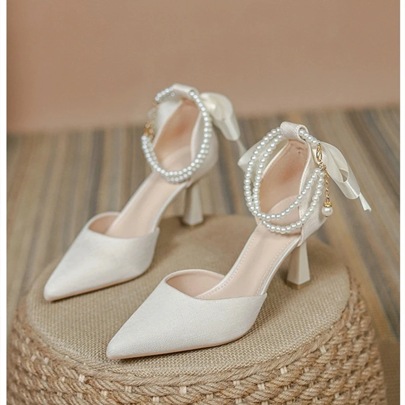 Elegant Pearl Embellished Satin Chunky High Heel Pumps with Adjustable Ankle Strap - Bridal Dress Work Shoes for Women thumbnail 1