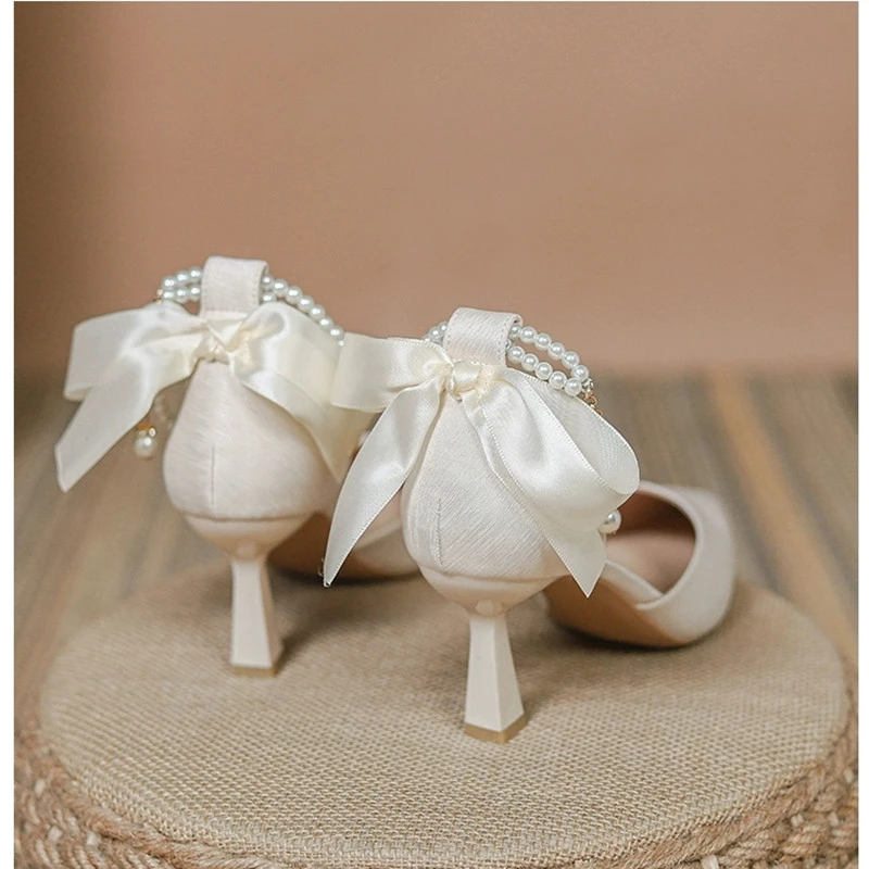 Elegant Pearl Embellished Satin Chunky High Heel Pumps with Adjustable Ankle Strap - Bridal Dress Work Shoes for Women thumbnail 5