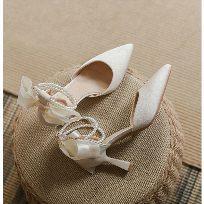 Elegant Pearl Embellished Satin Chunky High Heel Pumps with Adjustable Ankle Strap - Bridal Dress Work Shoes for Women thumbnail 6