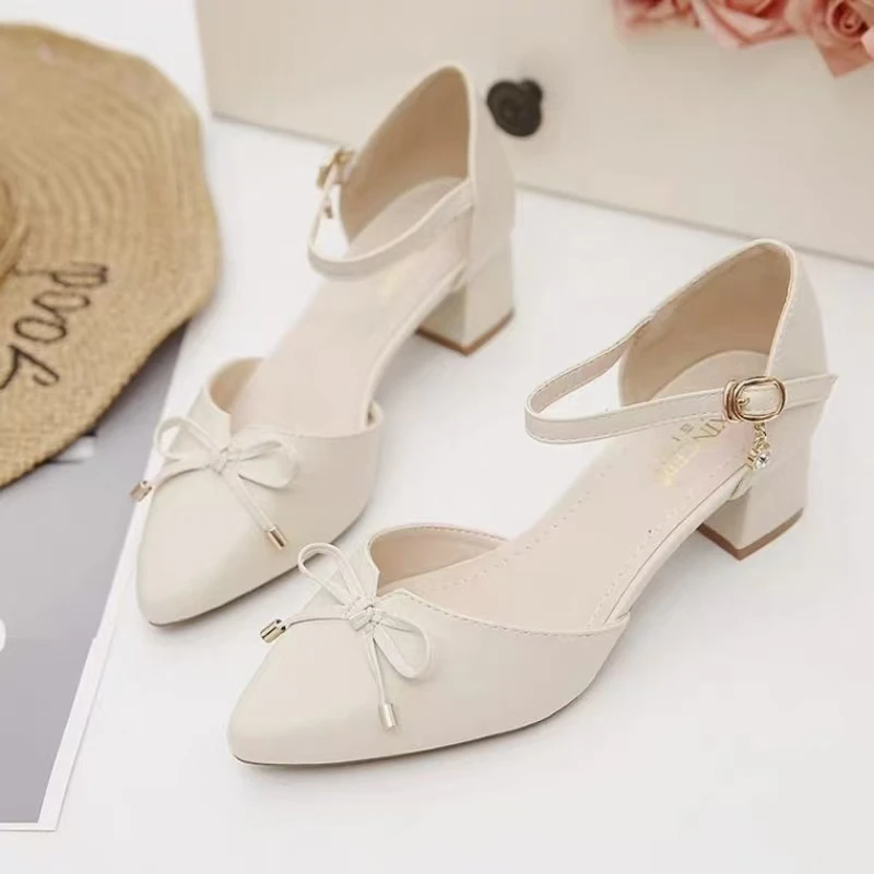 Women's Fashion Pointed Toe Block Heel Sandals with Bowknot Buckle Strap - Stylish Hollow Out Design for Spring/Summer, Nude Color thumbnail 2
