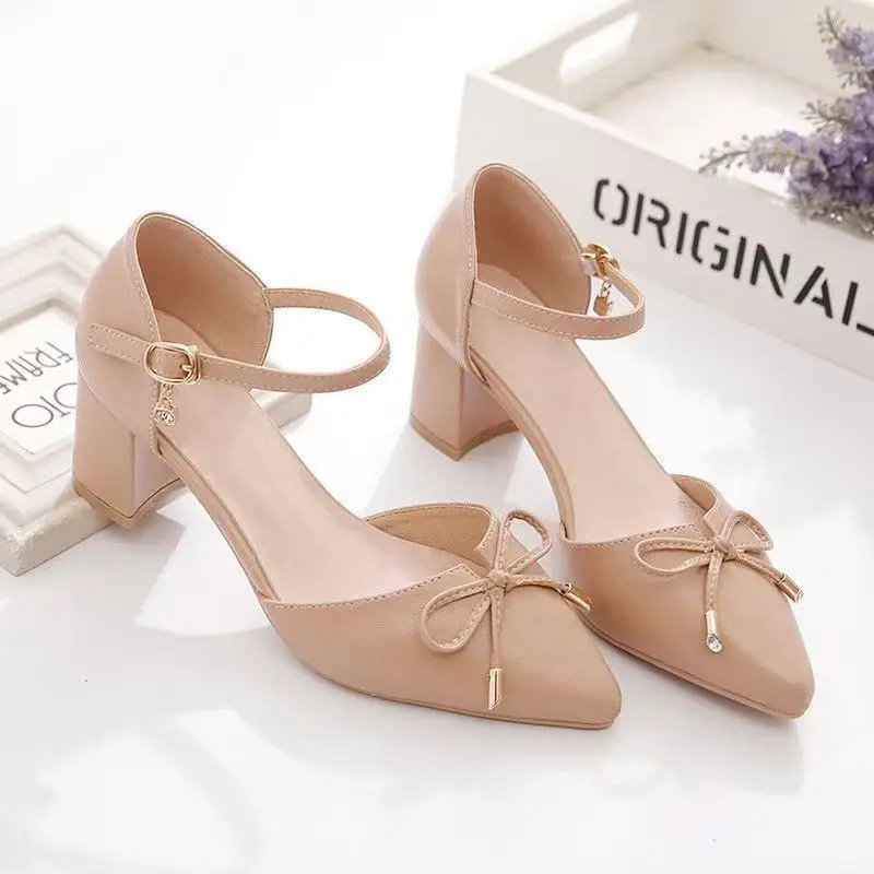 Women's Fashion Pointed Toe Block Heel Sandals with Bowknot Buckle Strap - Stylish Hollow Out Design for Spring/Summer, Nude Color thumbnail 4