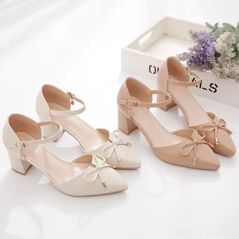 Women's Fashion Pointed Toe Block Heel Sandals with Bowknot Buckle Strap - Stylish Hollow Out Design for Spring/Summer, Nude Color thumbnail 6