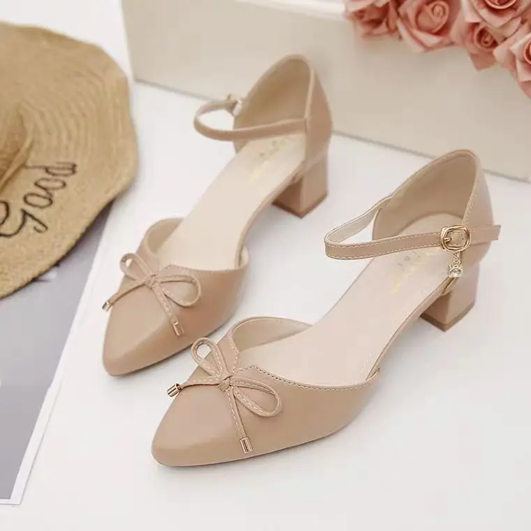 Women's Fashion Pointed Toe Block Heel Sandals with Bowknot Buckle Strap - Stylish Hollow Out Design for Spring/Summer, Nude Color showcase 4