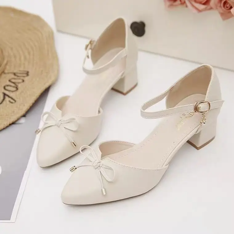 Women's Fashion Pointed Toe Block Heel Sandals with Bowknot Buckle Strap - Stylish Hollow Out Design for Spring/Summer, Nude Color showcase 5