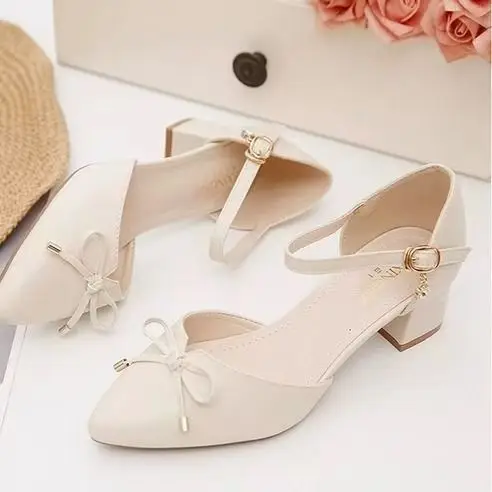 Women's Fashion Pointed Toe Block Heel Sandals with Bowknot Buckle Strap - Stylish Hollow Out Design for Spring/Summer, Nude Color showcase 6