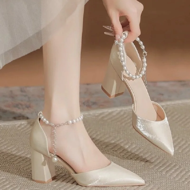 Elegant Pearl Embellished Satin Bridal Heels - 5cm Chunky Low Block Heel Wedding Shoes with Adjustable Ankle Strap for Women thumbnail 1