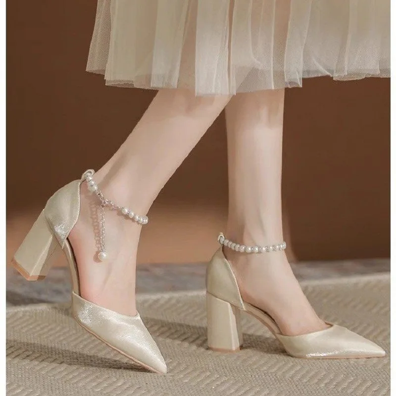 Elegant Pearl Embellished Satin Bridal Heels - 5cm Chunky Low Block Heel Wedding Shoes with Adjustable Ankle Strap for Women thumbnail 3