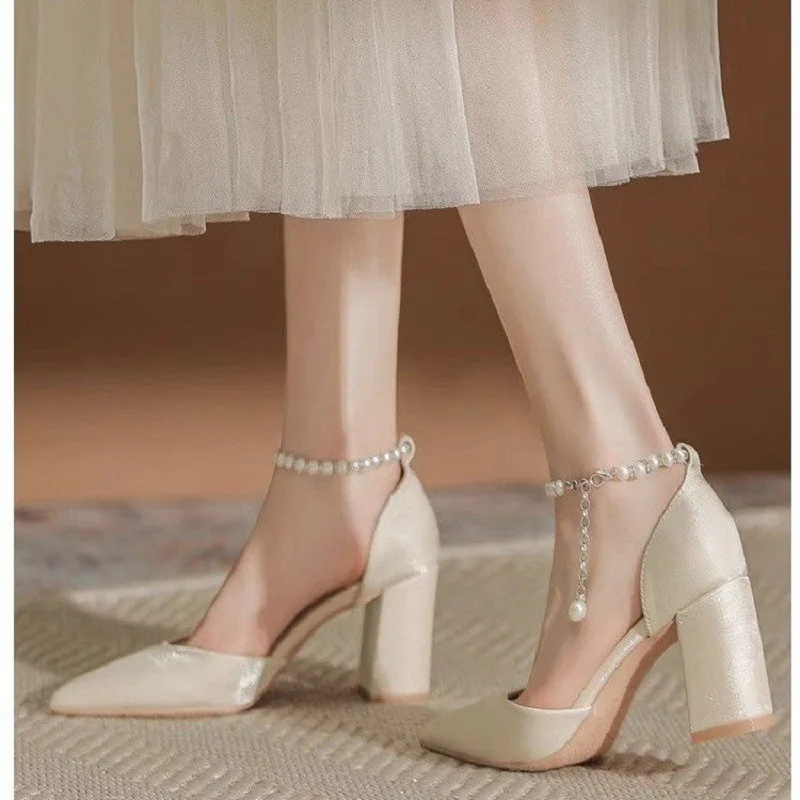 Elegant Pearl Embellished Satin Bridal Heels - 5cm Chunky Low Block Heel Wedding Shoes with Adjustable Ankle Strap for Women thumbnail 4
