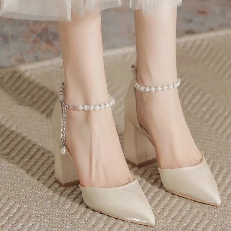 Elegant Pearl Embellished Satin Bridal Heels - 5cm Chunky Low Block Heel Wedding Shoes with Adjustable Ankle Strap for Women thumbnail 5