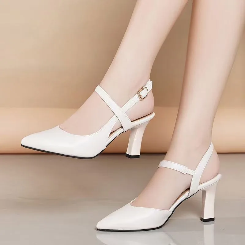 Women's Nude Pointy Toe Block Heel Pumps - Comfortable Business Casual Shoes with Adjustable Strap thumbnail 1
