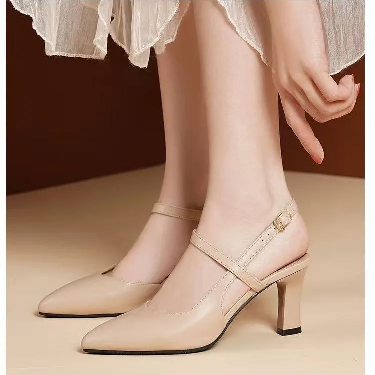 Women's Nude Pointy Toe Block Heel Pumps - Comfortable Business Casual Shoes with Adjustable Strap thumbnail 2