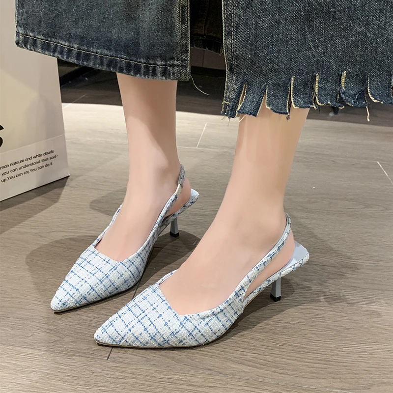 Women's Sea Salt Blue Pointed High Heel Sandals - Fashionable Back Hollow Half Headed Single Shoes for Versatile Casual Wear thumbnail 5