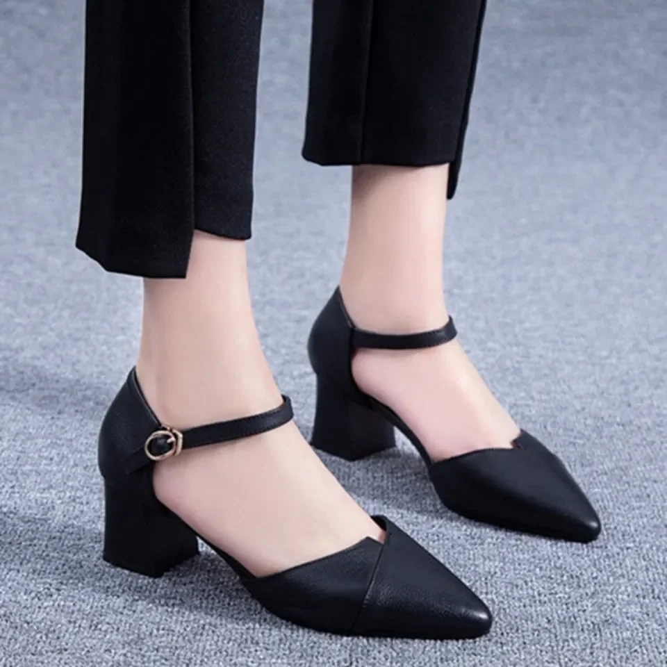 Women's Square Heel Pumps with Buckle Strap - Stylish Pink & Black Comfort Office Shoes for Ladies showcase 7