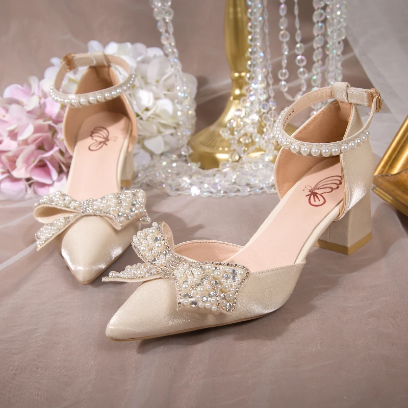 Elegant Pearl Bowtie Ankle Strap High Heels for Women - Bling Crystal Wedding Pumps, Beige/Red, Medium Heel, Chic Evening Shoes thumbnail 3