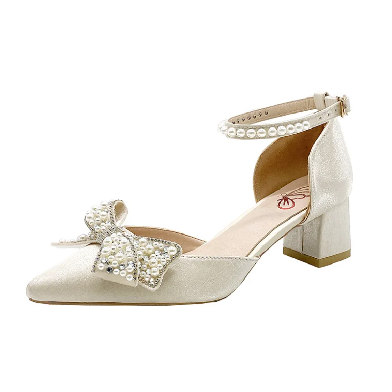 Elegant Pearl Bowtie Ankle Strap High Heels for Women - Bling Crystal Wedding Pumps, Beige/Red, Medium Heel, Chic Evening Shoes thumbnail 6