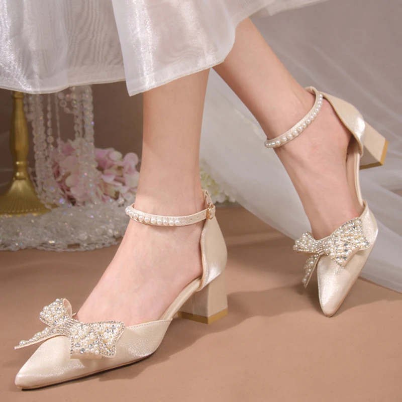Elegant Pearl Bowtie Ankle Strap High Heels for Women - Bling Crystal Wedding Pumps, Beige/Red, Medium Heel, Chic Evening Shoes showcase 5