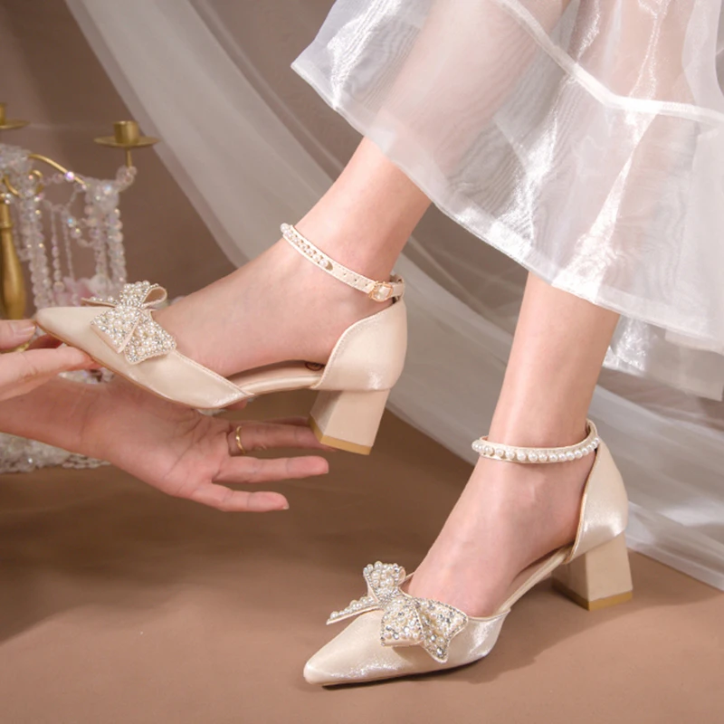 Elegant Pearl Bowtie Ankle Strap High Heels for Women - Bling Crystal Wedding Pumps, Beige/Red, Medium Heel, Chic Evening Shoes showcase 6