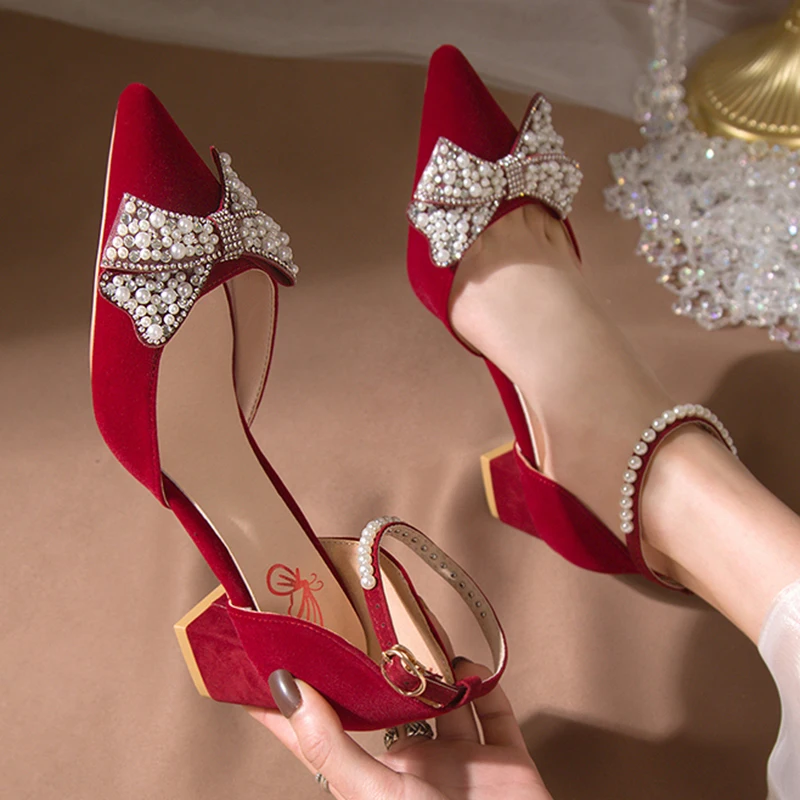 Elegant Pearl Bowtie Ankle Strap High Heels for Women - Bling Crystal Wedding Pumps, Beige/Red, Medium Heel, Chic Evening Shoes showcase 8